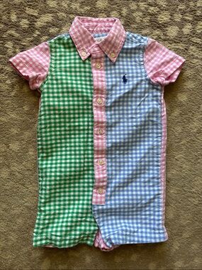 Ralph Lauren Pink, Green & Blue Gingham Button-Front Romper